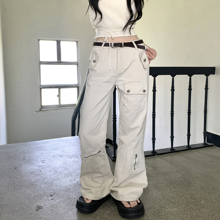 도프 빈티지 포켓 절개 로우웨스트 카고 세미 부츠컷 팬츠 샌드화이트