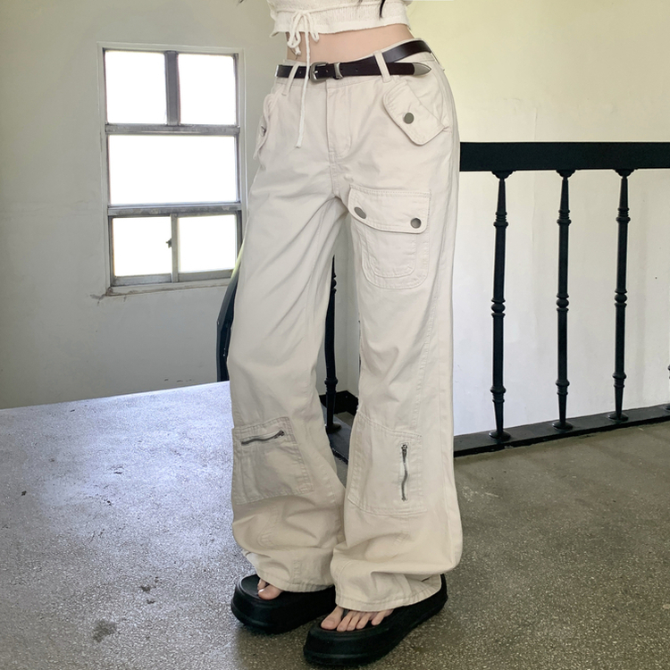 도프 빈티지 포켓 절개 로우웨스트 카고 세미 부츠컷 팬츠 샌드화이트