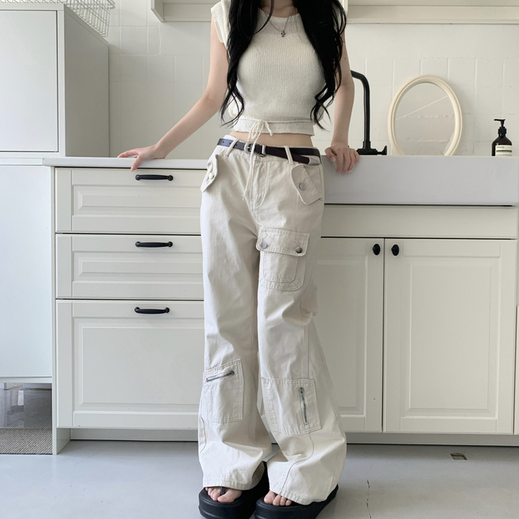 도프 빈티지 포켓 절개 로우웨스트 카고 세미 부츠컷 팬츠 샌드화이트