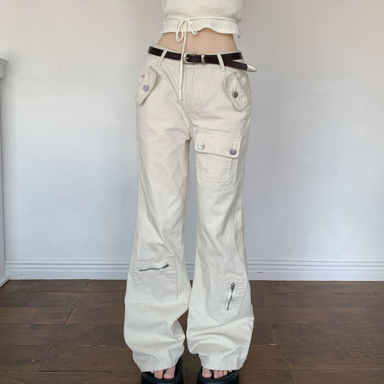 도프 빈티지 포켓 절개 로우웨스트 카고 세미 부츠컷 팬츠 샌드화이트