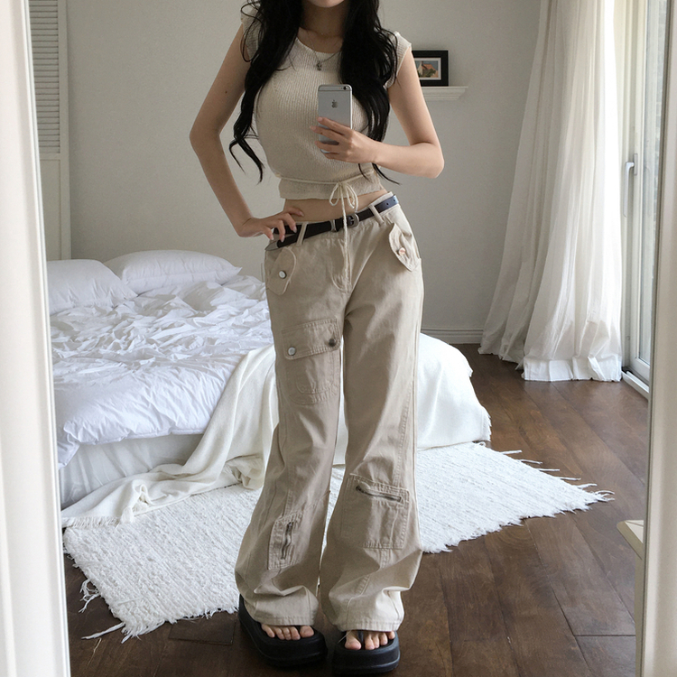 도프 빈티지 포켓 절개 로우웨스트 카고 세미 부츠컷 팬츠 샌드화이트