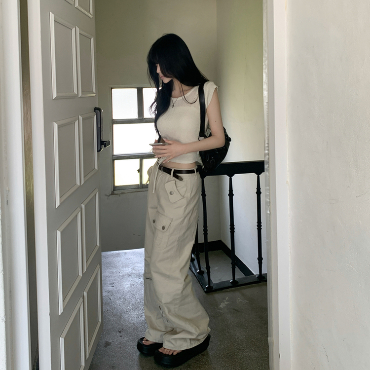 도프 빈티지 포켓 절개 로우웨스트 카고 세미 부츠컷 팬츠 샌드화이트