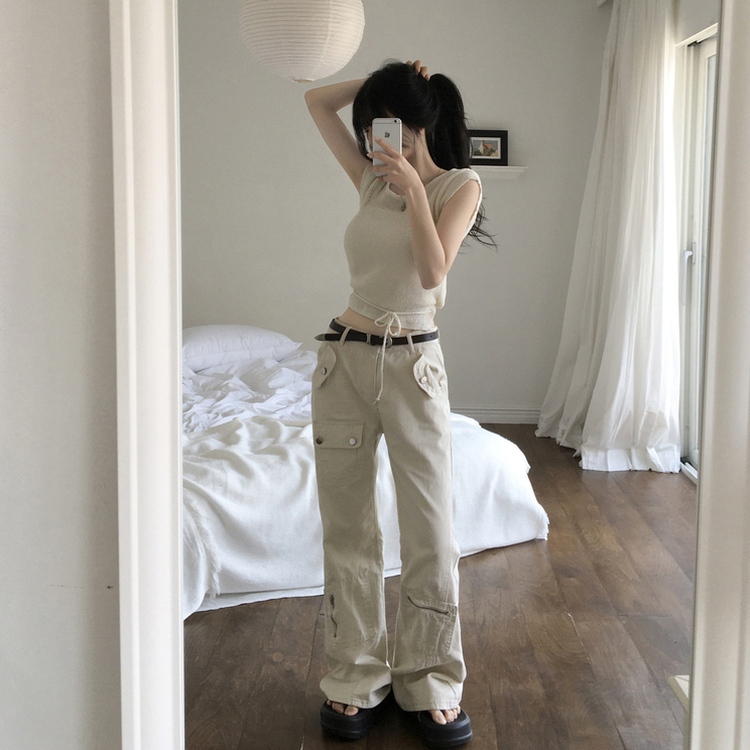 도프 빈티지 포켓 절개 로우웨스트 카고 세미 부츠컷 팬츠 샌드화이트