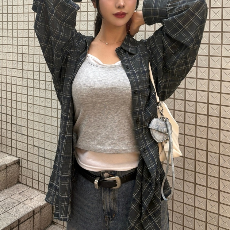 린넨체크오버셔츠 카키