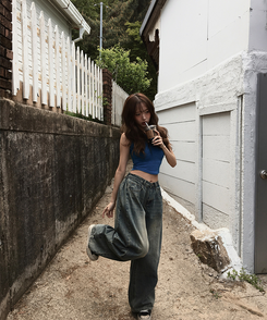デニム 【丈別】サイドピンタックウォッシングデニムパンツ DARK DENIM