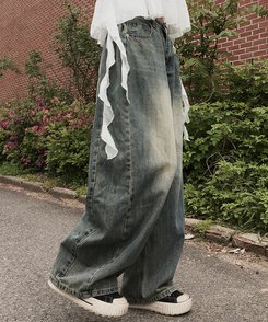 デニム 【丈別】サイドピンタックウォッシングデニムパンツ DARK DENIM