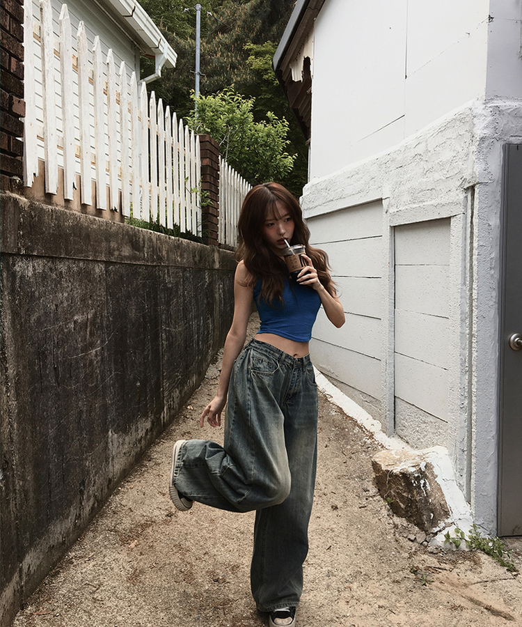 【丈別】サイドピンタックウォッシングデニムパンツ DARK DENIM
