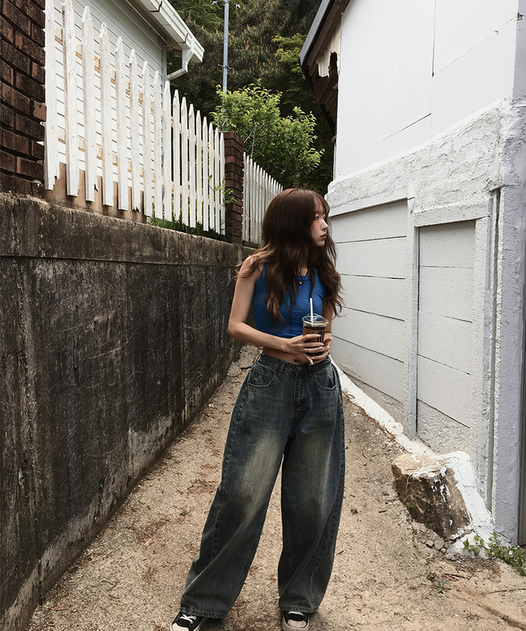 【丈別】サイドピンタックウォッシングデニムパンツ DARK DENIM