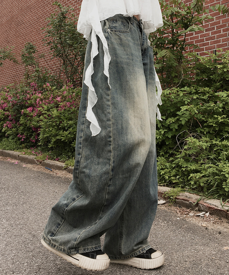 【丈別】サイドピンタックウォッシングデニムパンツ DARK DENIM