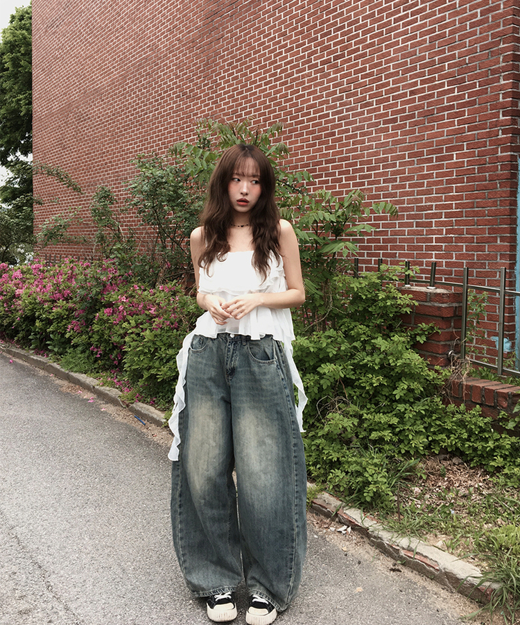 【丈別】サイドピンタックウォッシングデニムパンツ DARK DENIM