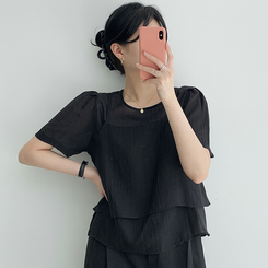 【SET】サマービスチェ半袖ブラウス(5color) BLACK