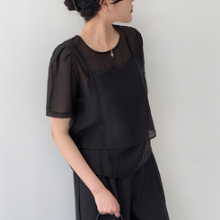 【SET】サマービスチェ半袖ブラウス(5color) BLACK
