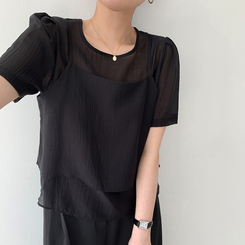 【SET】サマービスチェ半袖ブラウス(5color) BLACK