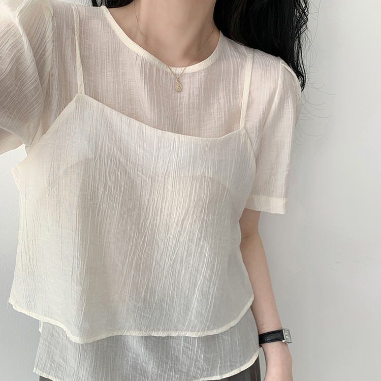 【SET】サマービスチェ半袖ブラウス(5color) CREAM