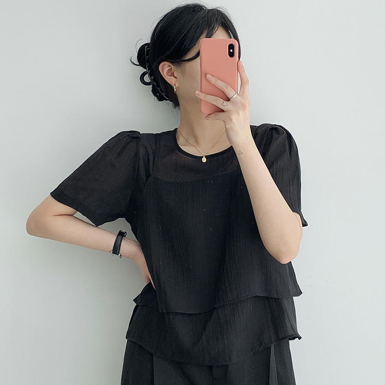 【SET】サマービスチェ半袖ブラウス(5color) BLACK