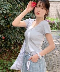 半袖Tシャツ パンチングUネック半袖Tシャツ(5color) SOFT BLUE