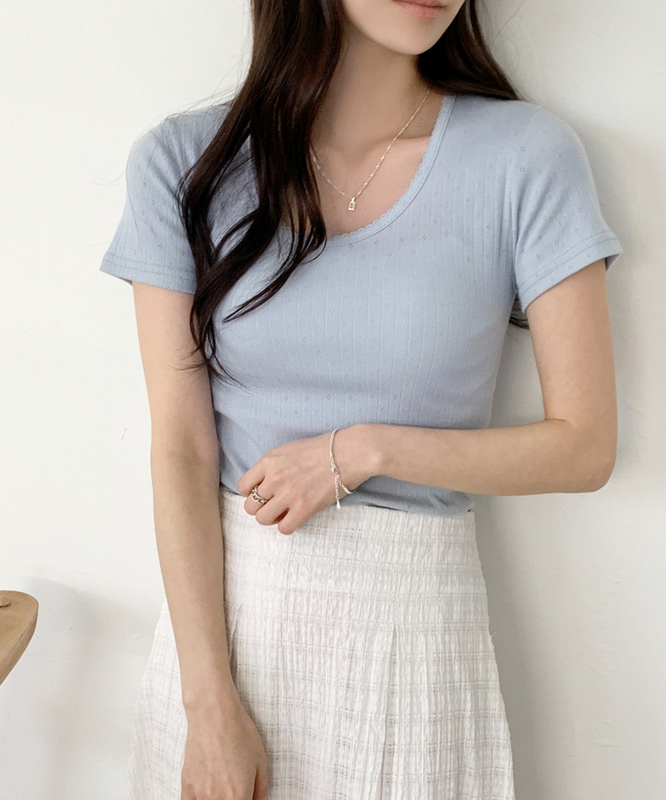 パンチングUネック半袖Tシャツ(5color) SOFT BLUE