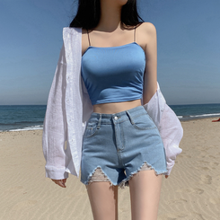 ショートパンツ ダメージハイウエストデニムショートパンツ BLUE DENIM