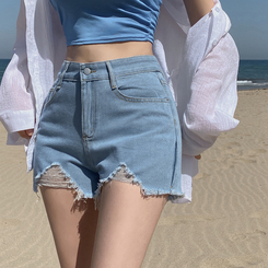 ショートパンツ ダメージハイウエストデニムショートパンツ BLUE DENIM