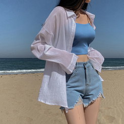 ショートパンツ ダメージハイウエストデニムショートパンツ BLUE DENIM