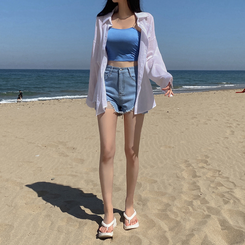 ショートパンツ ダメージハイウエストデニムショートパンツ BLUE DENIM