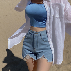 ショートパンツ ダメージハイウエストデニムショートパンツ BLUE DENIM