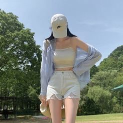 ショートパンツ ダメージハイウエストデニムショートパンツ IVORY