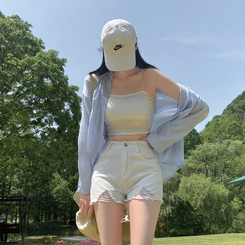 ショートパンツ ダメージハイウエストデニムショートパンツ IVORY