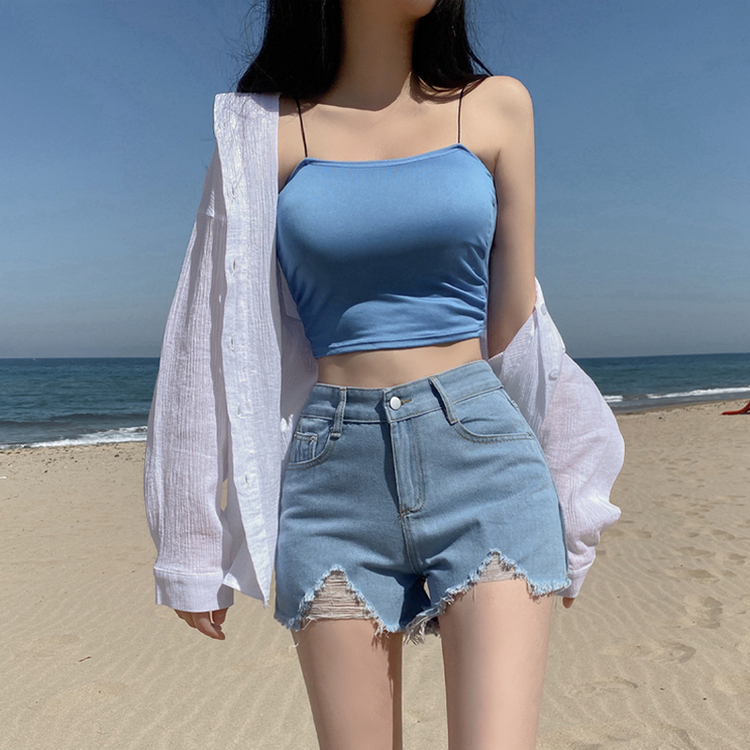 ダメージハイウエストデニムショートパンツ BLUE DENIM