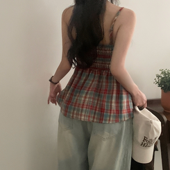 ミニワンピース チェックレイヤードビスチェミニワンピース RED