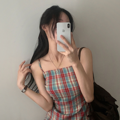 ミニワンピース チェックレイヤードビスチェミニワンピース RED