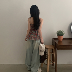 ミニワンピース チェックレイヤードビスチェミニワンピース RED