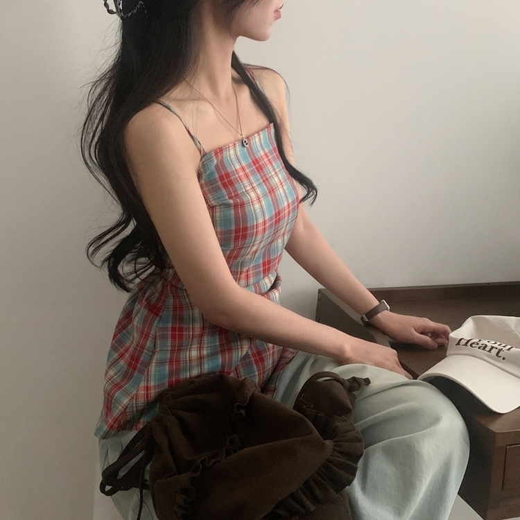 チェックレイヤードビスチェミニワンピース RED