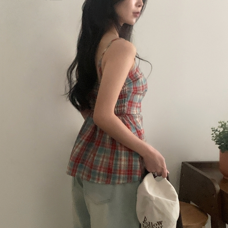 チェックレイヤードビスチェミニワンピース RED