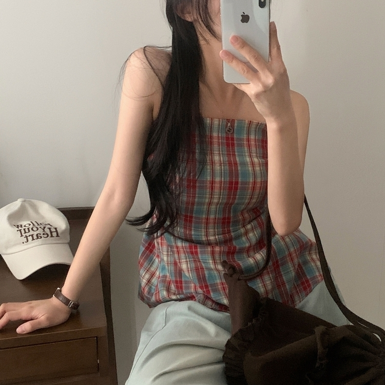 チェックレイヤードビスチェミニワンピース RED