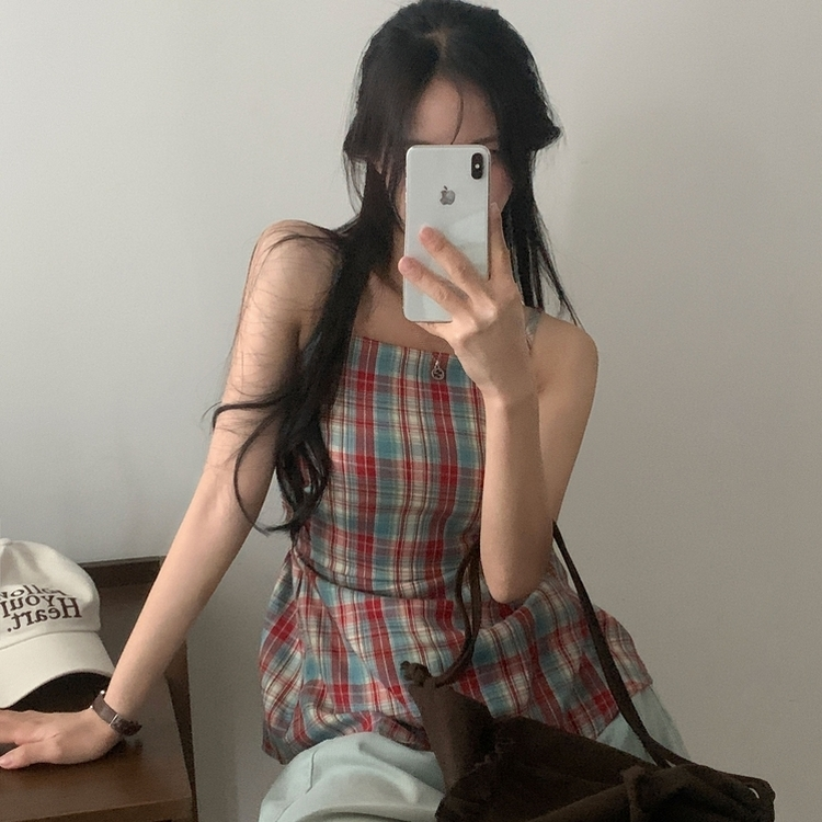 チェックレイヤードビスチェミニワンピース RED