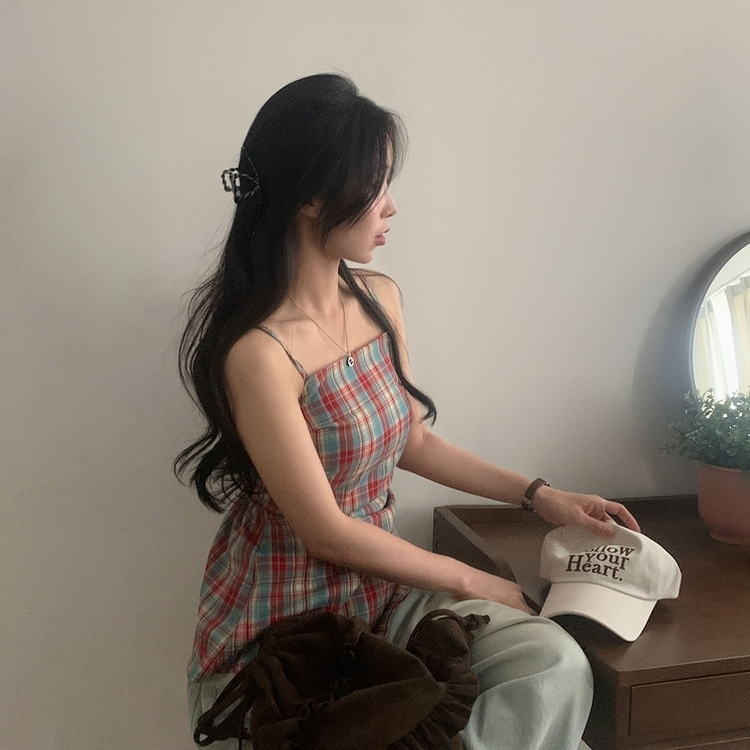 チェックレイヤードビスチェミニワンピース RED