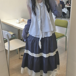 ミディ/ロングスカート レースチェックティアードスカート NAVY
