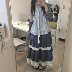 ミディ/ロングスカート レースチェックティアードスカート NAVY
