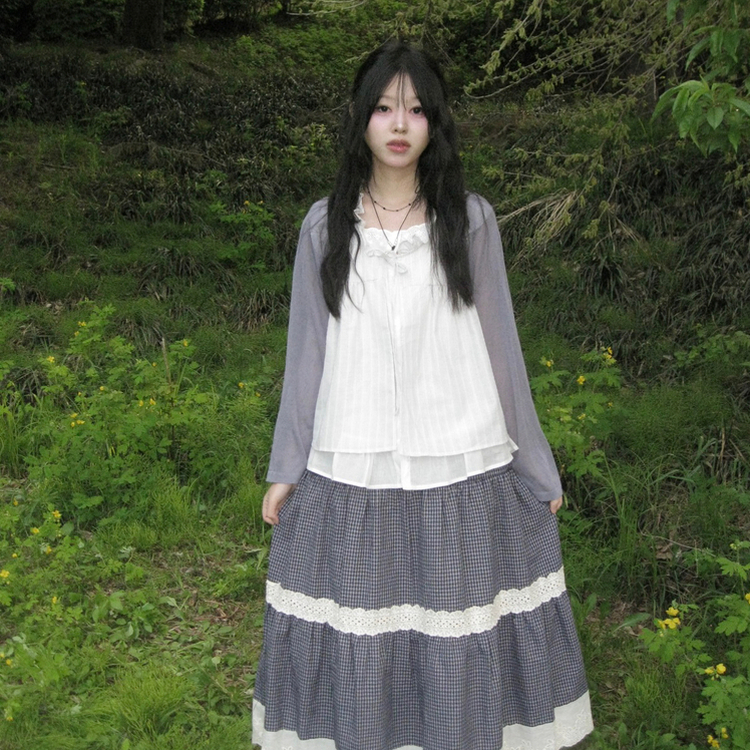 レースチェックティアードスカート NAVY