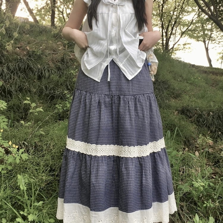 レースチェックティアードスカート NAVY