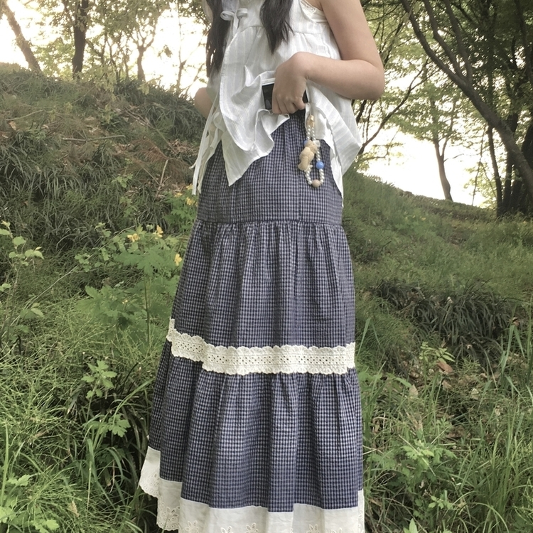 レースチェックティアードスカート NAVY
