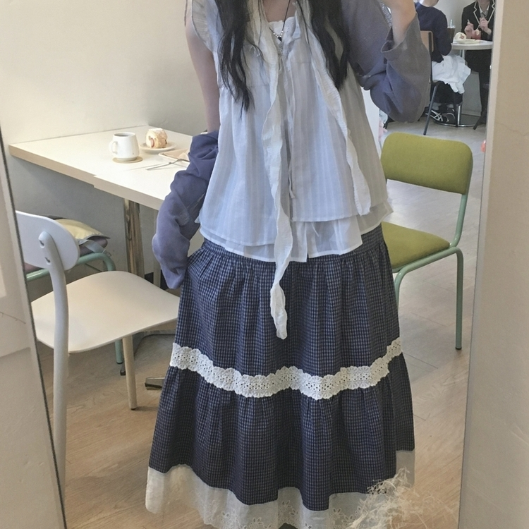レースチェックティアードスカート NAVY