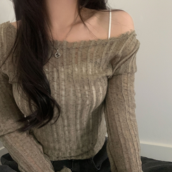 ダメージリボンシースルーネットニット KHAKI