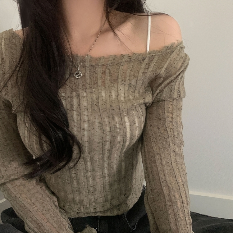ダメージリボンシースルーネットニット KHAKI