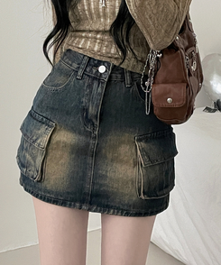 ミニスカート カーゴウォッシングデニムミニスカート DARK DENIM