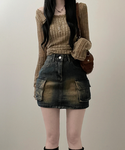 ミニスカート カーゴウォッシングデニムミニスカート DARK DENIM