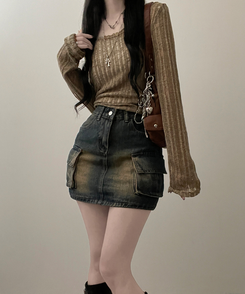 ミニスカート カーゴウォッシングデニムミニスカート DARK DENIM
