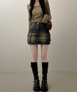 ミニスカート カーゴウォッシングデニムミニスカート DARK DENIM