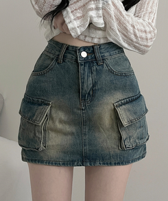 ミニスカート カーゴウォッシングデニムミニスカート LIGHT BLUE